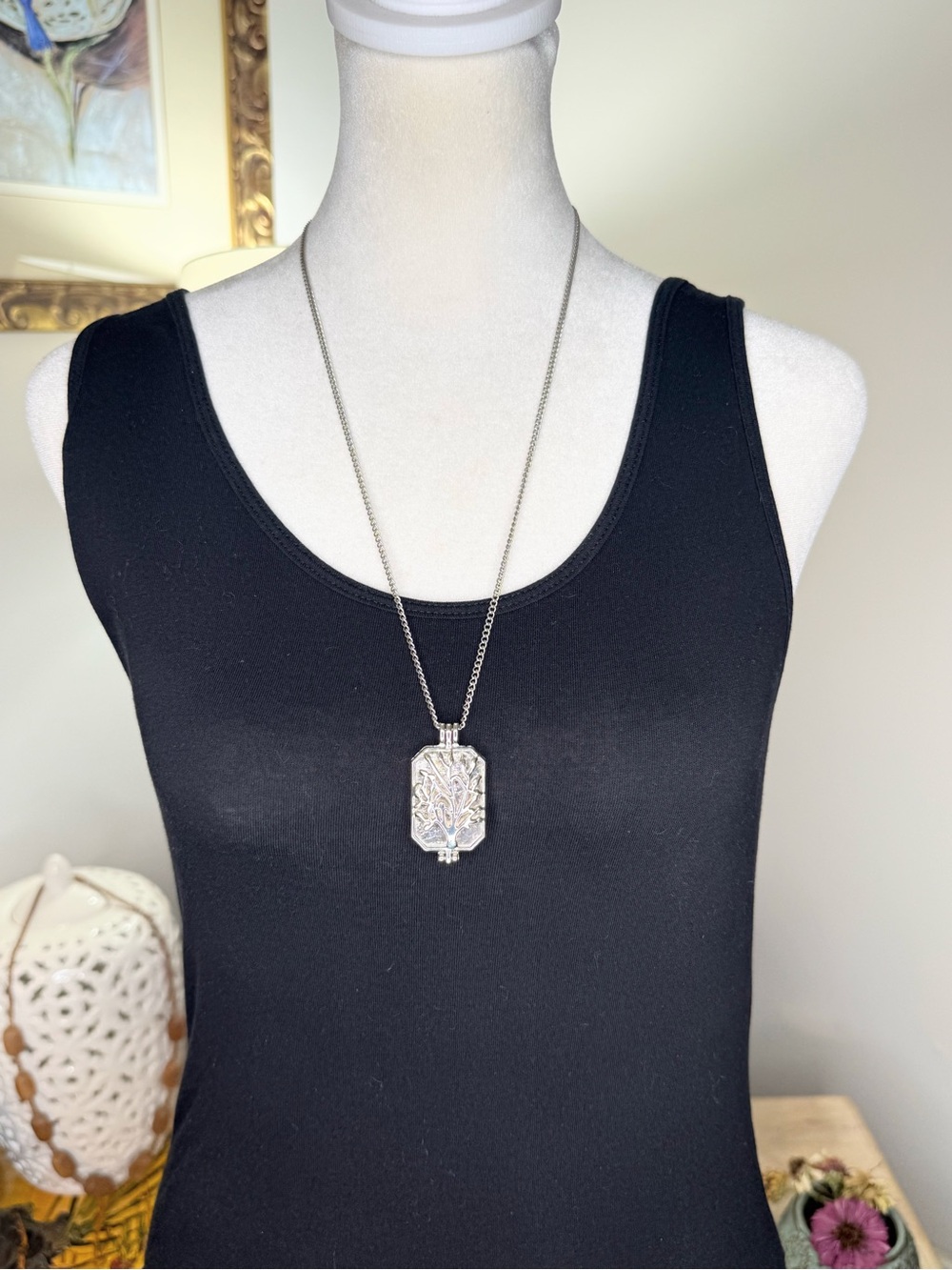 Tree of Life Locket Necklace Silver Tone Botanical Pendant 24” Chain Boho